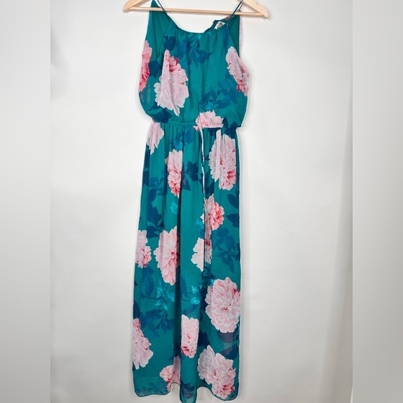 Sweet Storm Green/Pink flower print lined to knee dress drawstring size Med - Picture 1 of 11